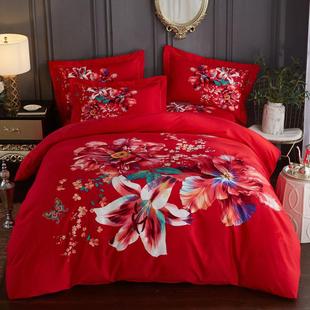 高档3D纯棉品婚庆红磨毛四件套大件被套全棉新婚1.8m床上用床单4