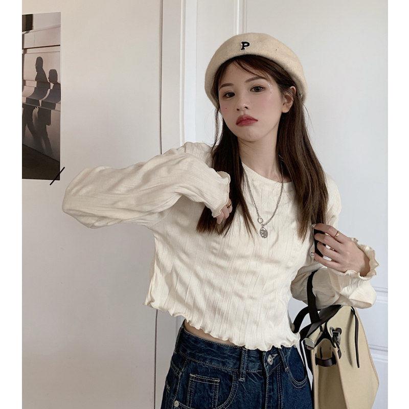 大码胖妹妹纯欲风上衣春秋时尚新款设计感木耳边长袖女内搭打底衫