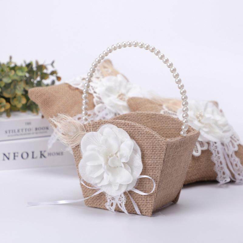 花童篮子珍珠手柄粗麻布黄麻篮婚礼手提麻布花篮戒枕套装喜糖喜庆,节庆用品/礼品,陪嫁用品套装,淘宝优惠券,粉丝福利购,淘宝优惠卷
