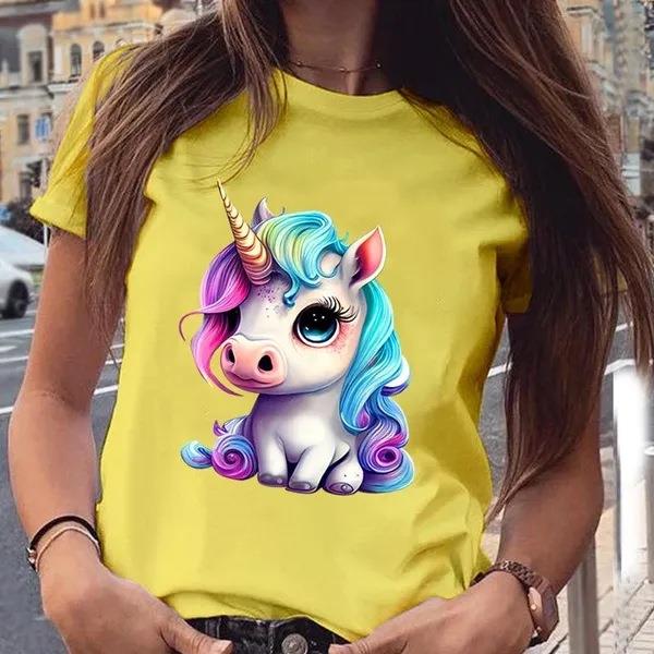 Short Unicorn Pattern Neck T-Shirt Top Round Rainbow Sleeve