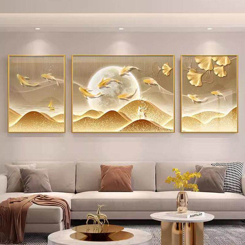 2025新款钻石画三联画客厅九鱼聚财背靠金山手工点钻十字绣银杏叶