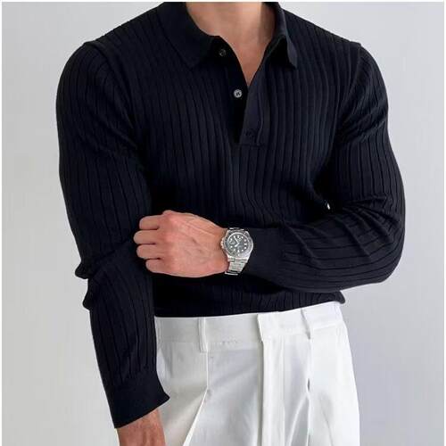 Men's Striped Polo Shirt with Ribbed Collar, Long Sleeve