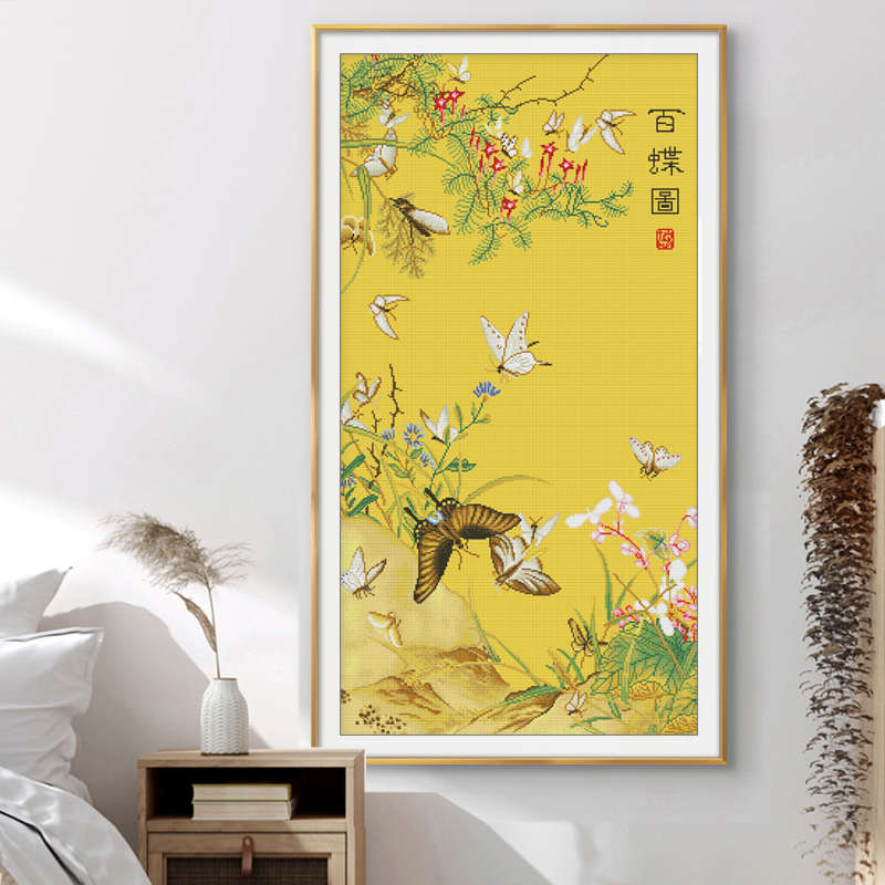 名画竖版百蝶图新品十字绣2025新款线绣客厅小件玄关卧室手工刺绣