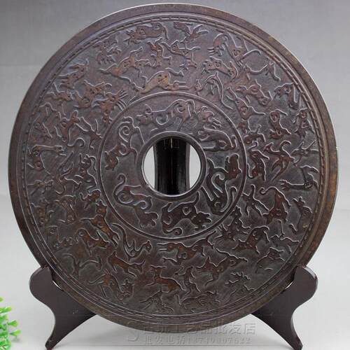 古玩工艺品复古百兽图雪花玉玉璧30cm 送架子
