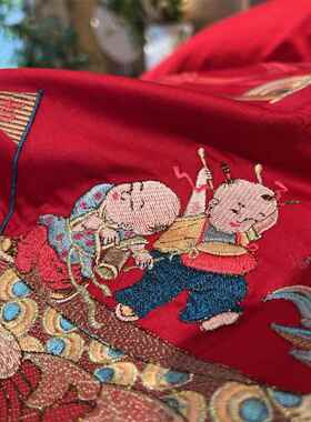 百子图新中式新婚庆床品被套四件套结婚全棉纯棉陪嫁红色床上用品