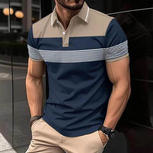 Men's shirt collar button striped T-shirt top