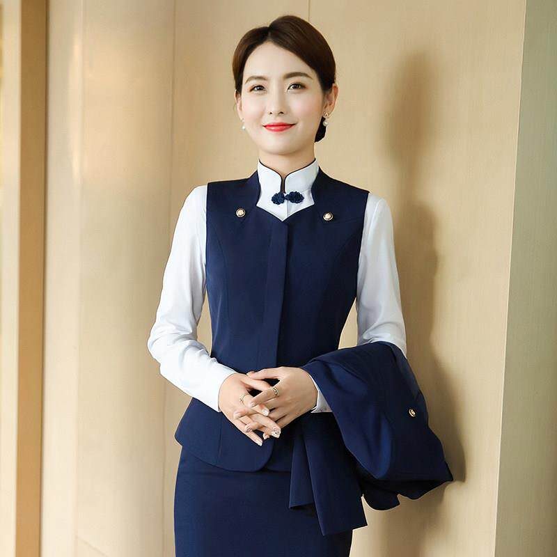 职业马甲西装套装女秋冬季中式餐饮茶楼服务员酒店前台接待工作装
