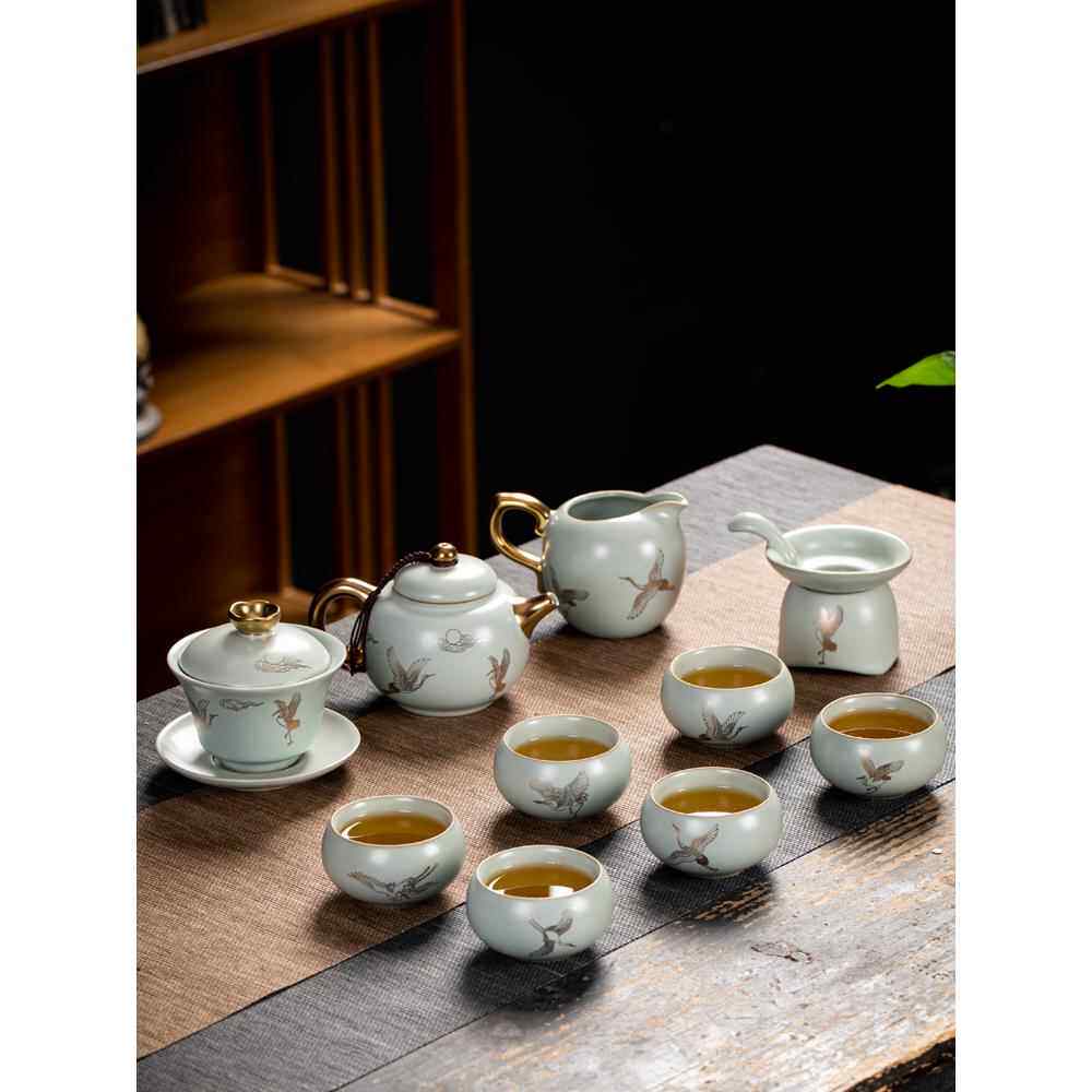 汝道汝窑茶具套装家用陶瓷功夫茶具泡茶壶轻奢高档茶艺盖碗茶杯子