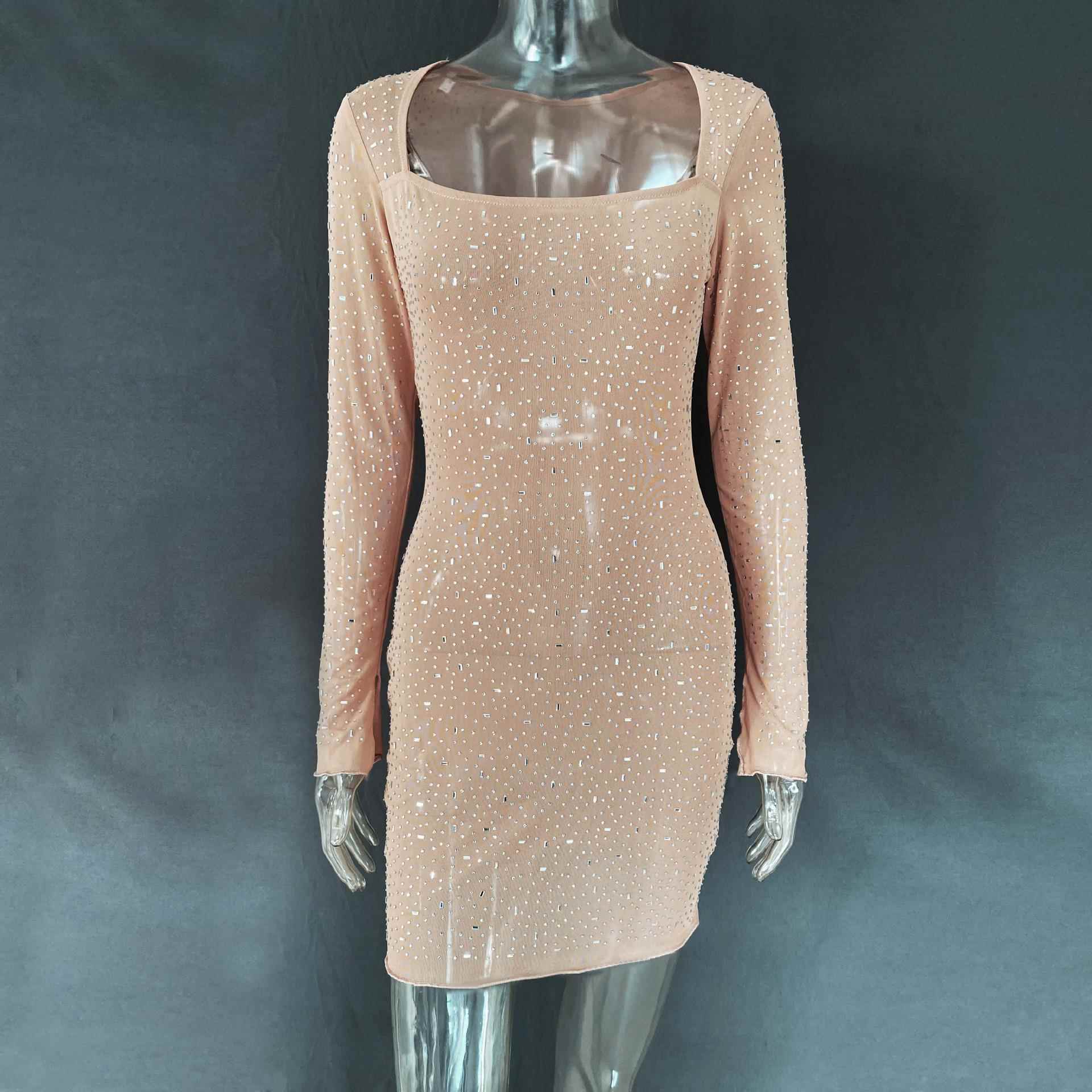 dress short long-sleeved semi-transparent sexy diamond hot