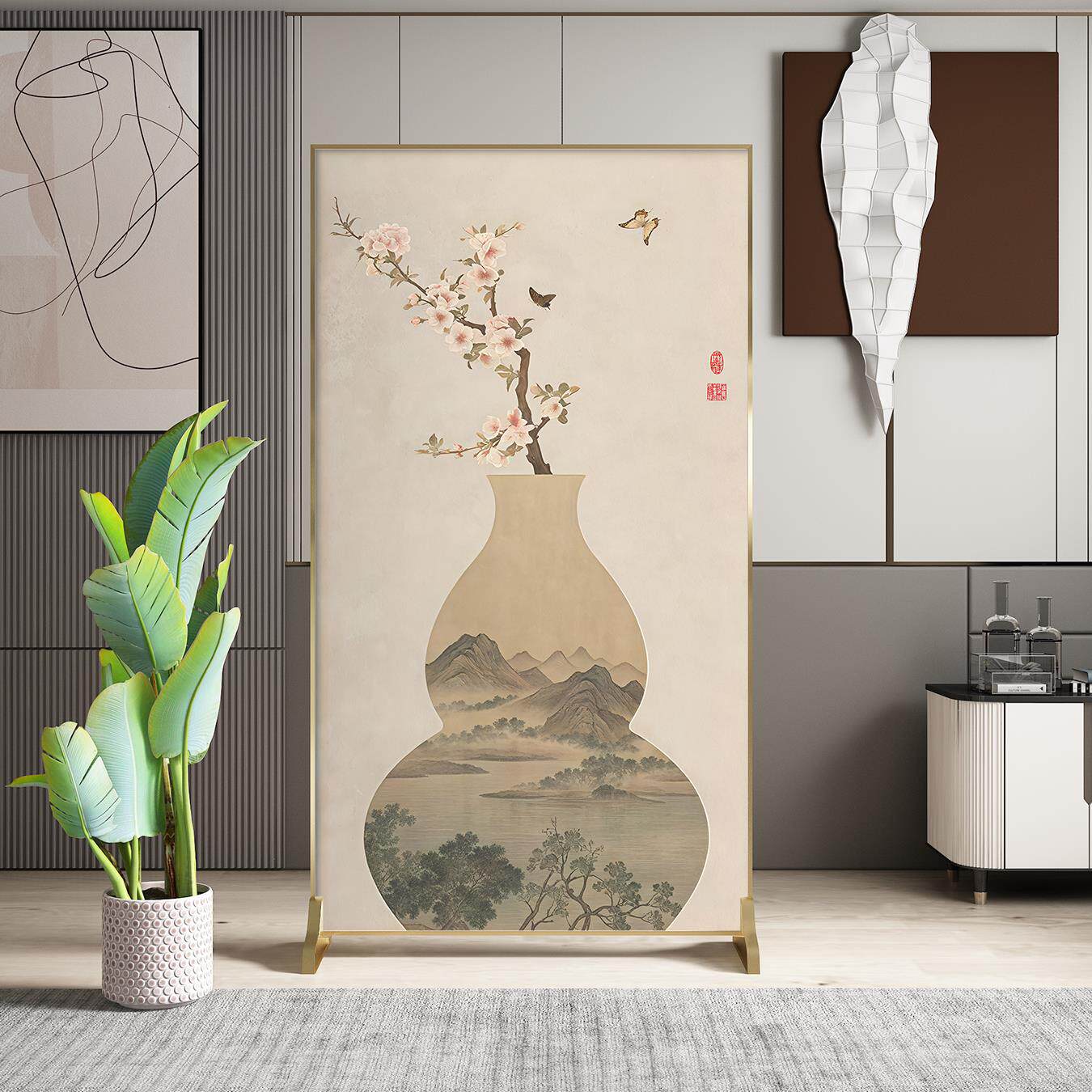 简约现代轻奢铝合金客厅遮挡移动屏风隔断墙酒店入户玄关实木座屏