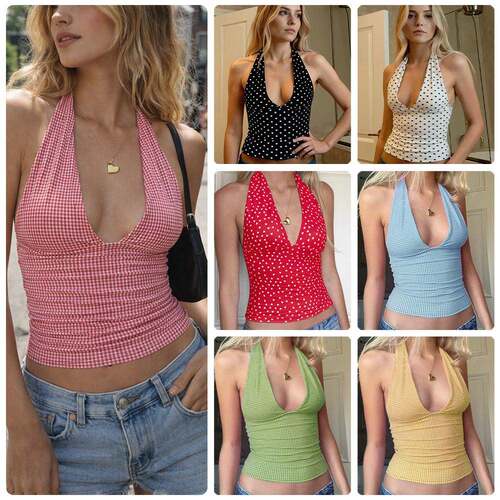 Women's Polka Dot Print Halter Neck Top Casual Sleeveless