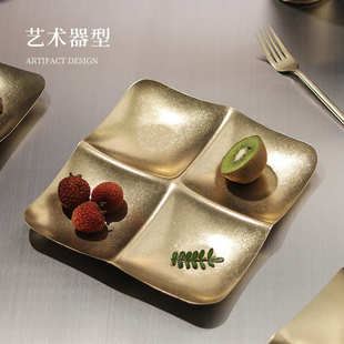 304不锈钢做旧复古金色轻奢零食盘分格干水果拼盘六宫格火锅菜盘