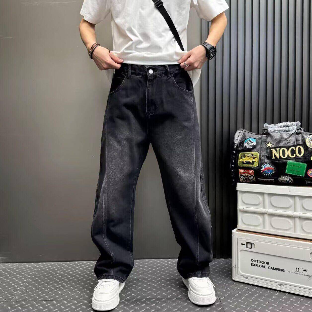 香港美式拼接牛仔裤男宽松潮牌弯刀裤2026春季新款时尚复古长裤