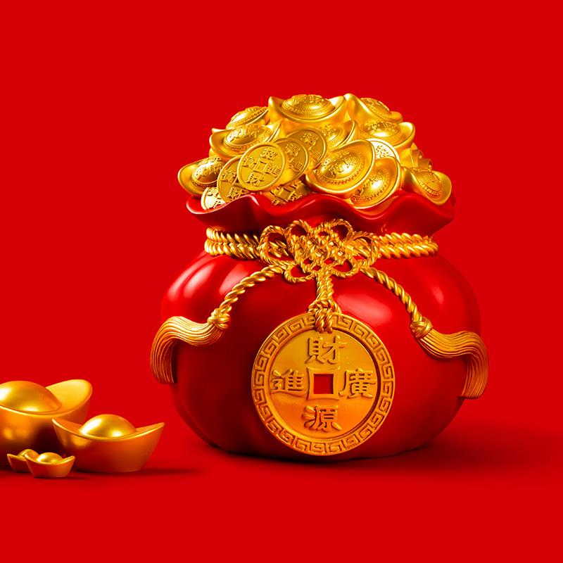 聚宝盆钱袋摆件新中式存钱罐创意家居客厅装饰开业礼品收银台摆设