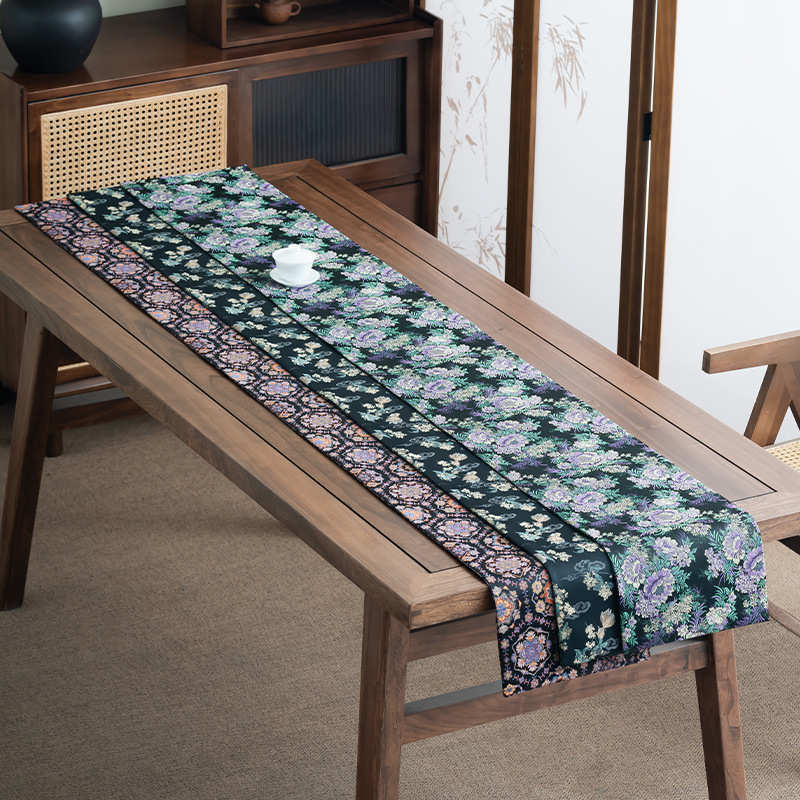 织锦缎茶席复古中式茶几桌布垫富贵紫花双面长条禅意布艺茶具配件