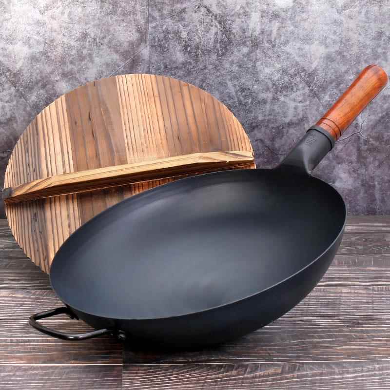 厨师铁锅老式家用炒菜锅不粘锅铁把熟铁饭店商用炒锅圆底大铁锅