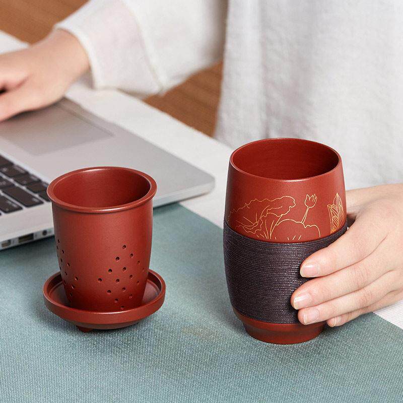宜兴原矿紫砂杯茶杯家用功夫茶杯带盖子带过滤手工办公室泡茶杯单