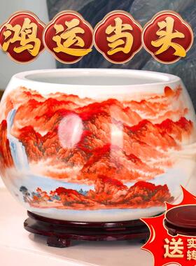 景德镇龙购柴窑出品彷古手制山水鸿运当头聚宝盆办公室家居摆饰