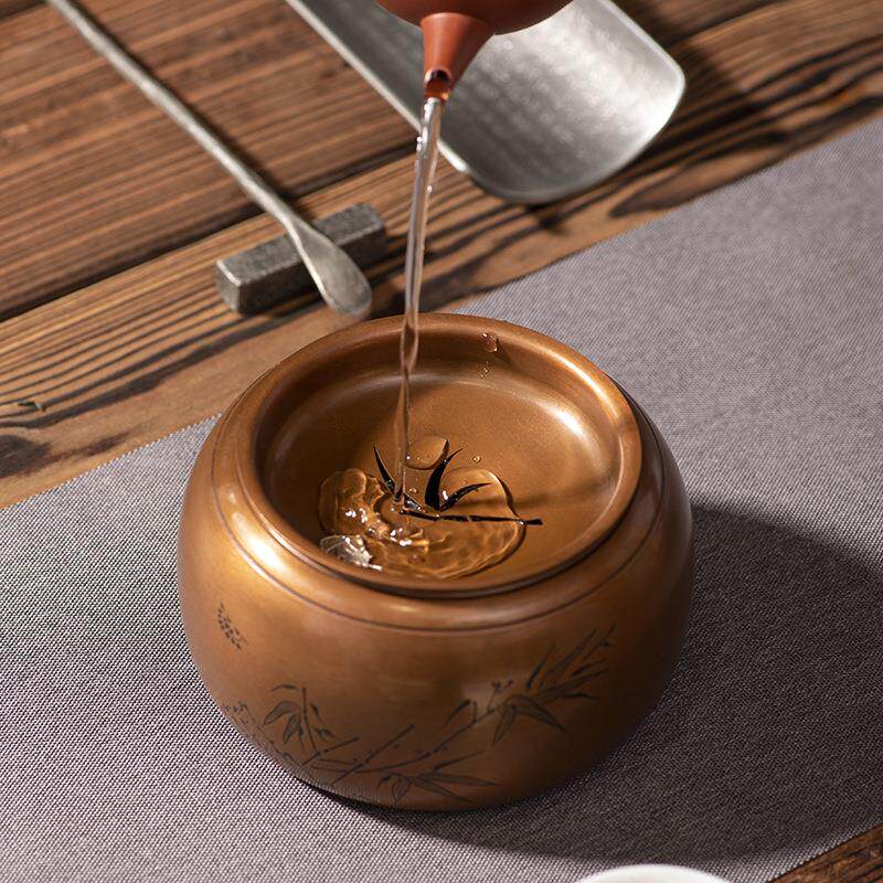 铜壶承干泡盘带盖接天莲叶大号紫铜储水茶承茶盘手工雕刻茶具