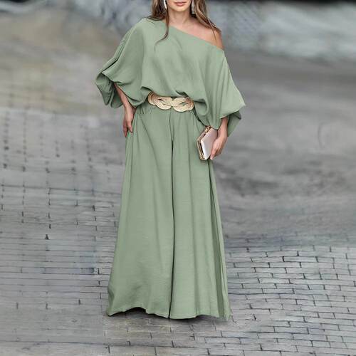 2026 Women'S Skew Neck Lantern Sleeve Top & Wide Leg Pants