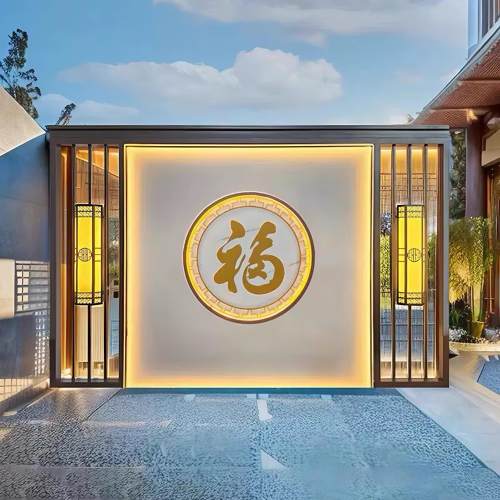 不锈钢影壁墙庭院户外中式屏风迎门墙入户玄关隔断金属流水背景墙