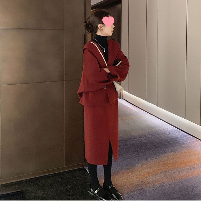 高级香风拜年红色毛呢时尚套装