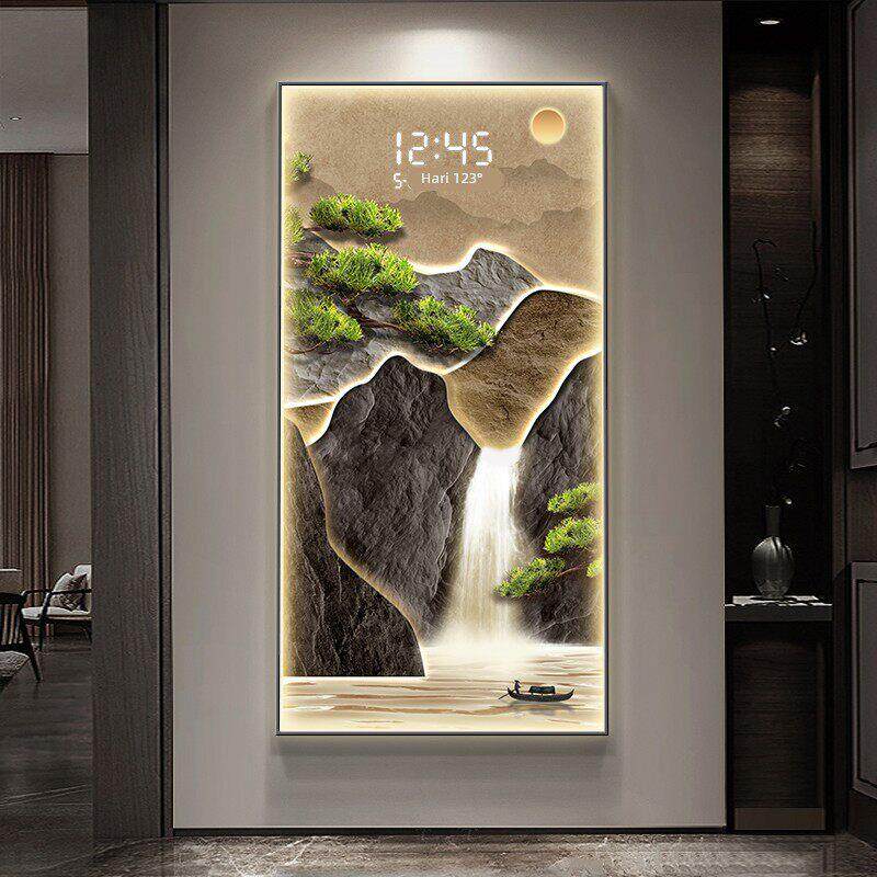 流水生财玄关装饰画电子屏钟表创意时钟壁灯入户走廊尽头山水挂画