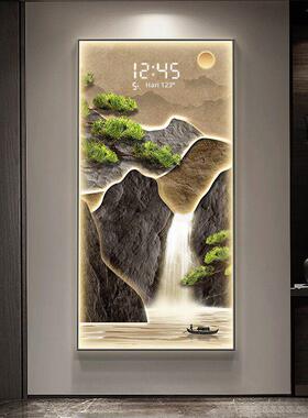 流水生财玄关装饰画电子屏钟表创意时钟壁灯入户走廊尽头山水挂画