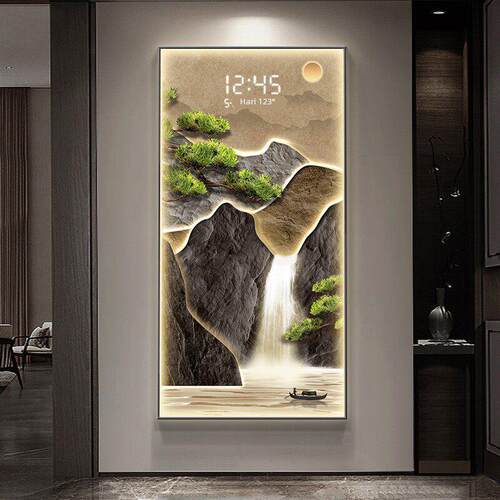 流水生财玄关装饰画电子屏钟表创意时钟壁灯入户走廊尽头山水挂画