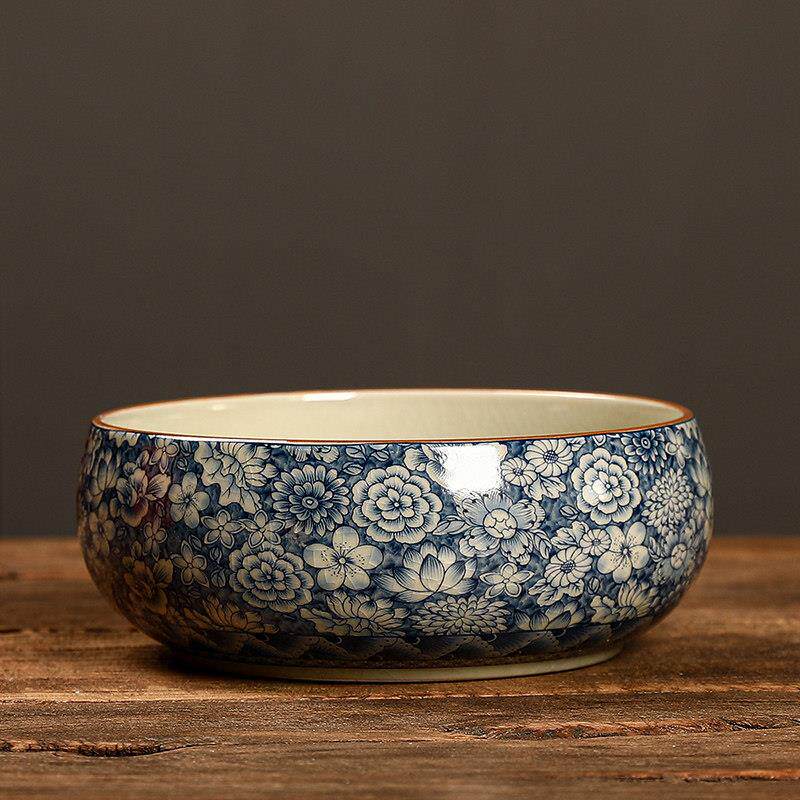 青花汝窑茶洗大号陶瓷水盂茶道配件茶杯收纳水盂高档建水功夫茶具