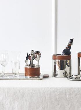 不锈钢银色轻奢风样板间厨房酒柜托盘冰桶储物罐酒吧酒具套装摆件