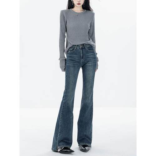 ABWEAR 早秋早春蓝色微喇牛仔裤女2023年新款修身显瘦马蹄喇叭裤