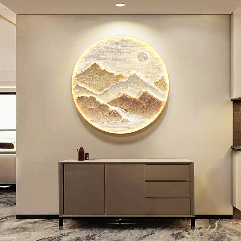 圆形山水画玄关装饰画入户挂画现代轻奢高档壁灯茶室壁画新中式
