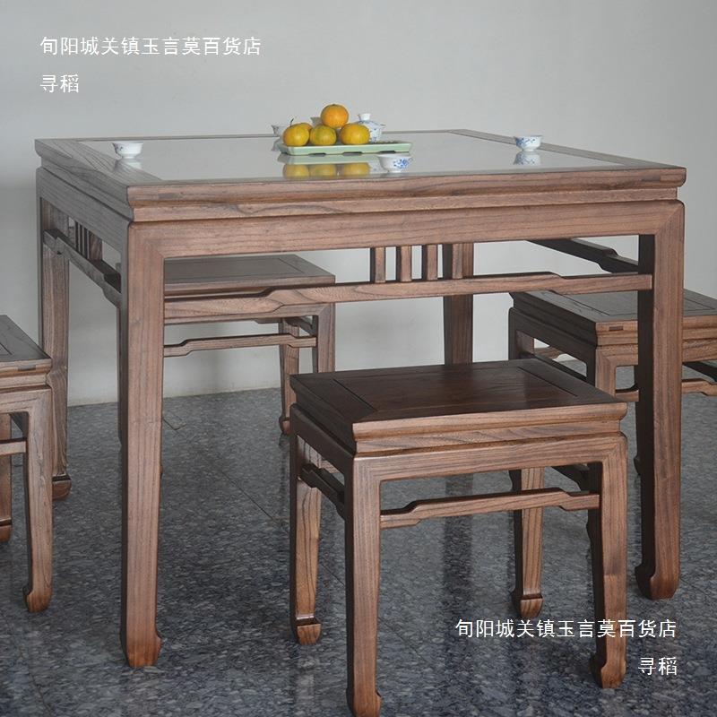 新中式木岩板八仙桌老实榆咨询客服木四方餐桌正家方茶桌面馆用老