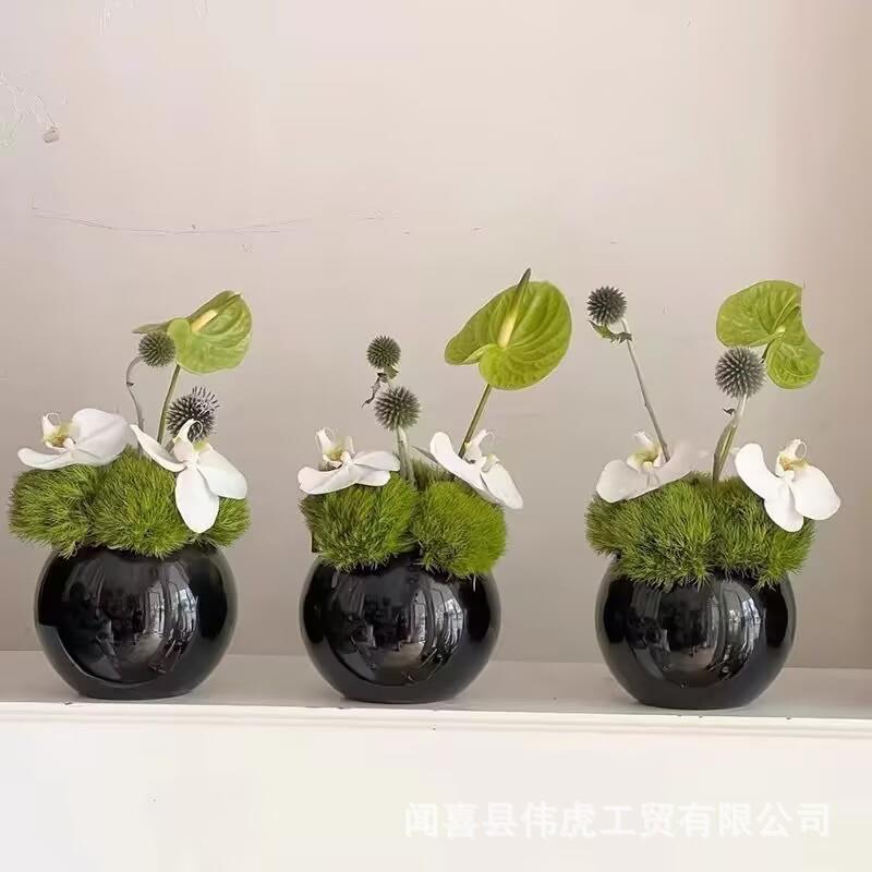 简约现代黑色圆球形玻璃花瓶酒店大堂桌面白器居家软装摆件