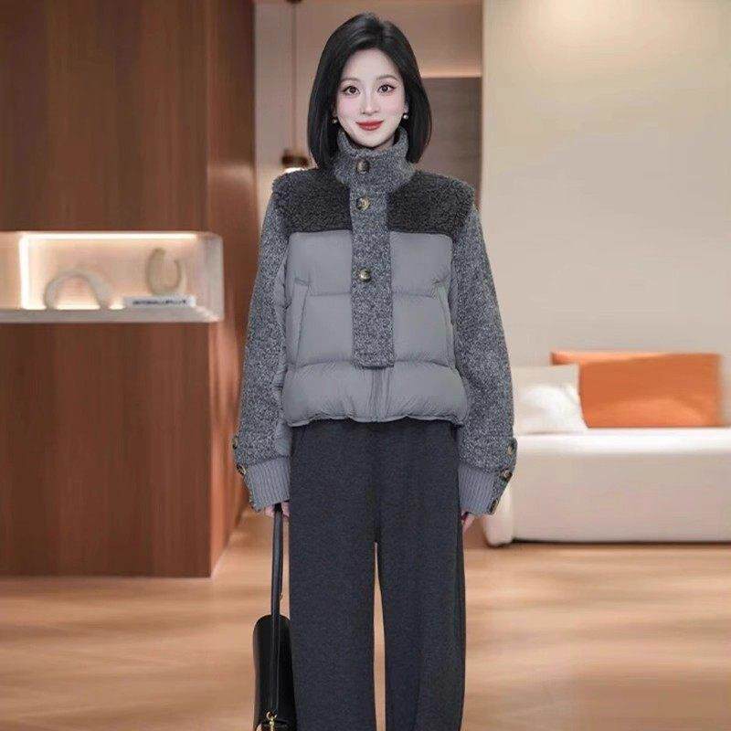 香港代购时尚短款羽绒棉服女冬季新款洋气羊羔毛拼接立领棉袄外套