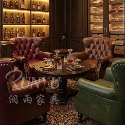 美式雪茄房威士忌酒吧沙发复古西餐咖啡厅桌椅组合单人老虎椅座椅