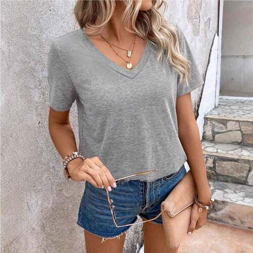 Women'S Solid Color V Neck Sports Tee, Casual Short Sleeve