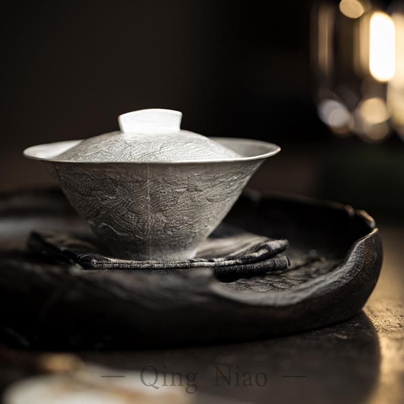 德化一瓢盖碗鎏金鎏银手抓泡茶碗家用日式薄胎二才茶碗泡茶不烫手
