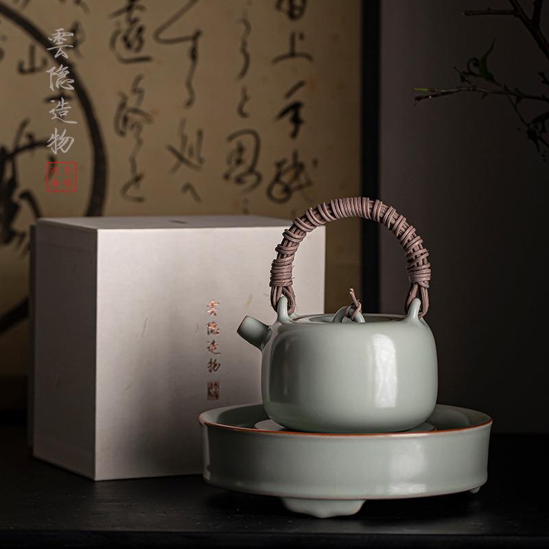 优茶道天青汝窑茶壶提梁壶藤编开片汝瓷小壶中式泡茶壶冰裂釉复古