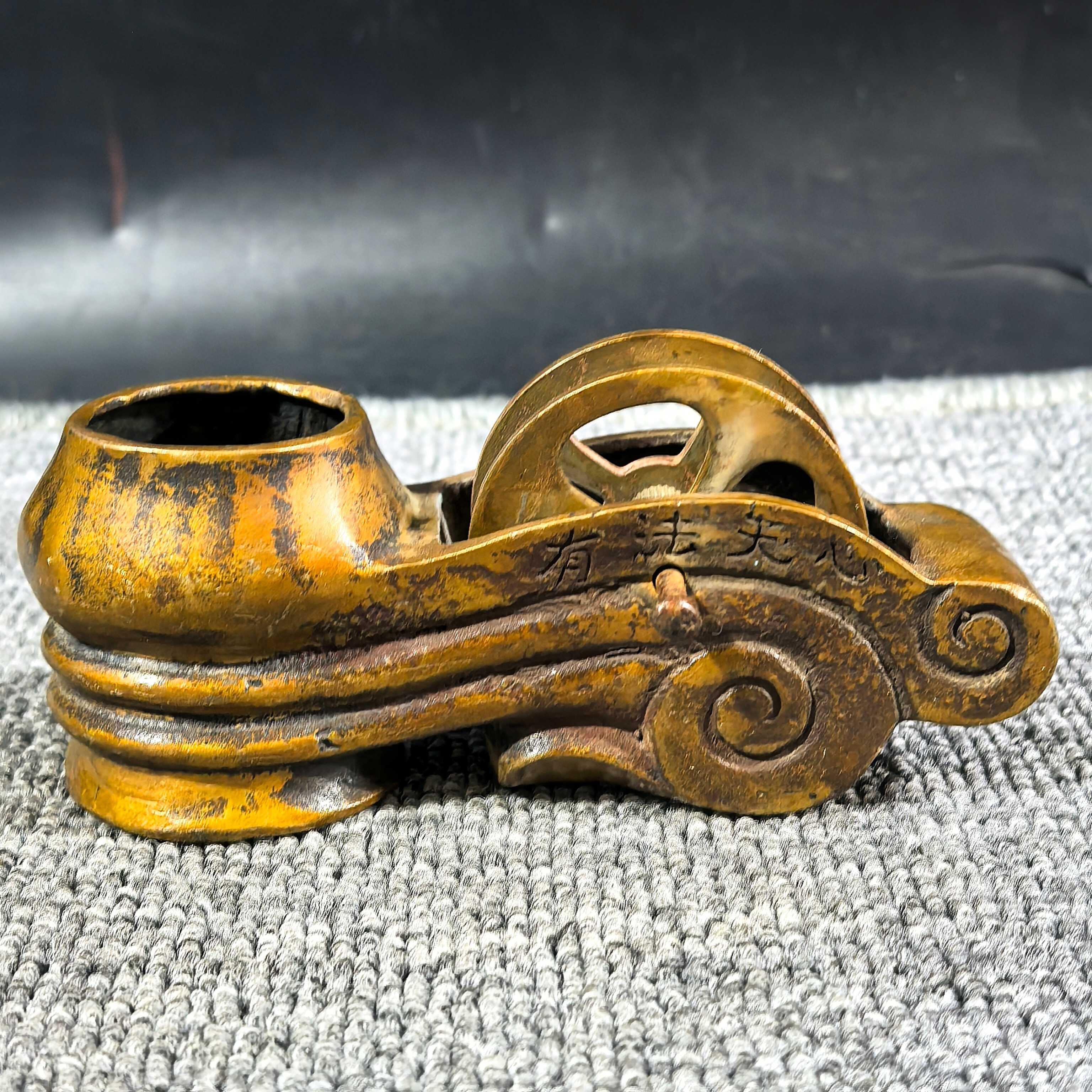 复古老式画线墨斗黄铜线斗古代工地木工用具铜器老物件铜摆件收藏