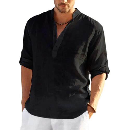 Men Cotton Linen T-shirts Summer V Collarless Long Sleeve So