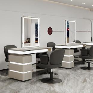 网红美发店镜台双面四面发廊专用剪发镜子简约带灯理髲店烫染桌子