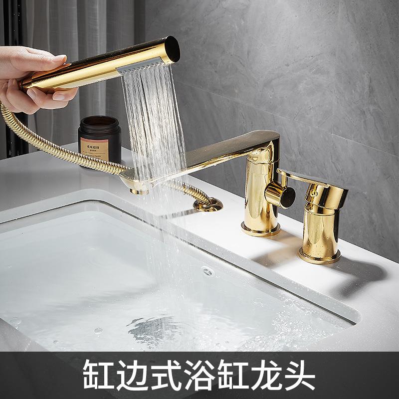 新款直销浴缸龙头浴室缸边式全铜旋转分体式三件套花洒套装冷热水