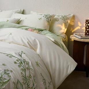 A类100s刺绣铃兰花语全棉长绒棉四件套清新绿色纯棉床上用品1.8m