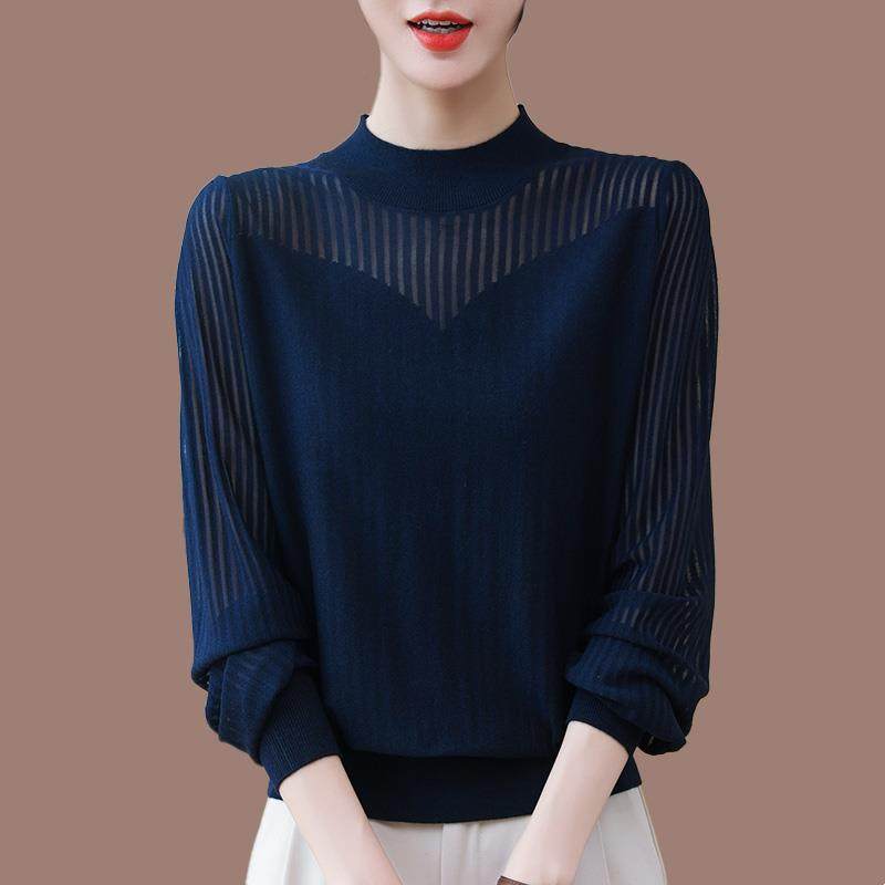 高端桑蚕丝镂空网纱针织衫上衣女2025早春新款半高领时尚打底衫薄
