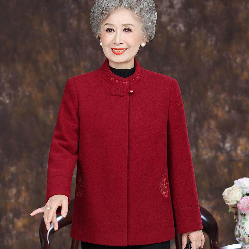 老年人秋冬装女毛呢大衣奶奶喜庆国风外套加厚妈妈新款老人上衣服