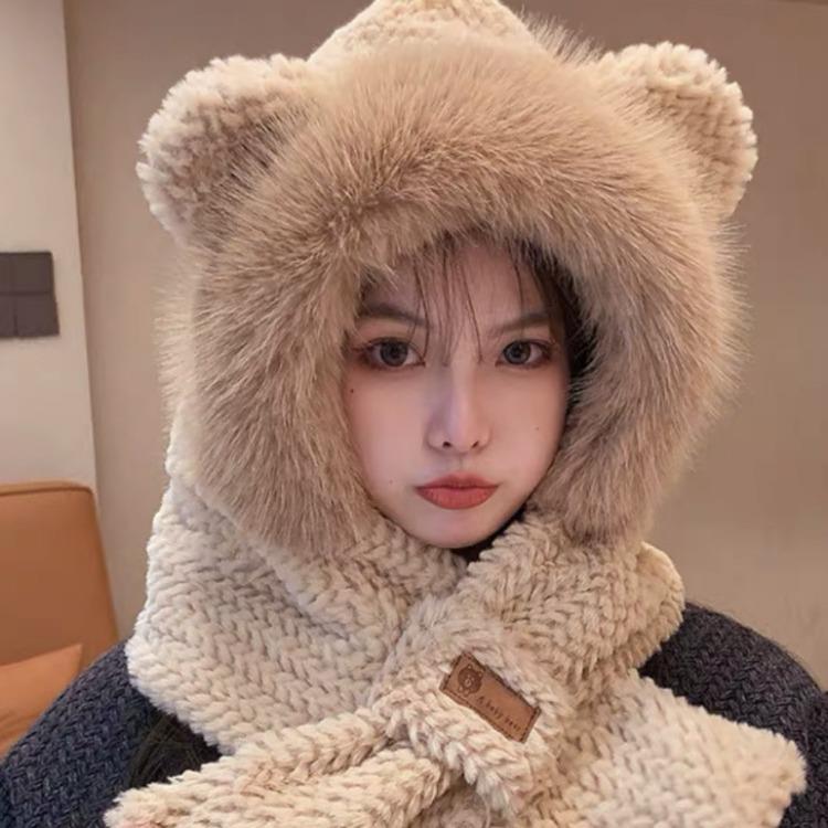 冬季帽子围巾一体女款小熊秋冬骑车加绒保暖护耳毛绒防寒帽子韩版