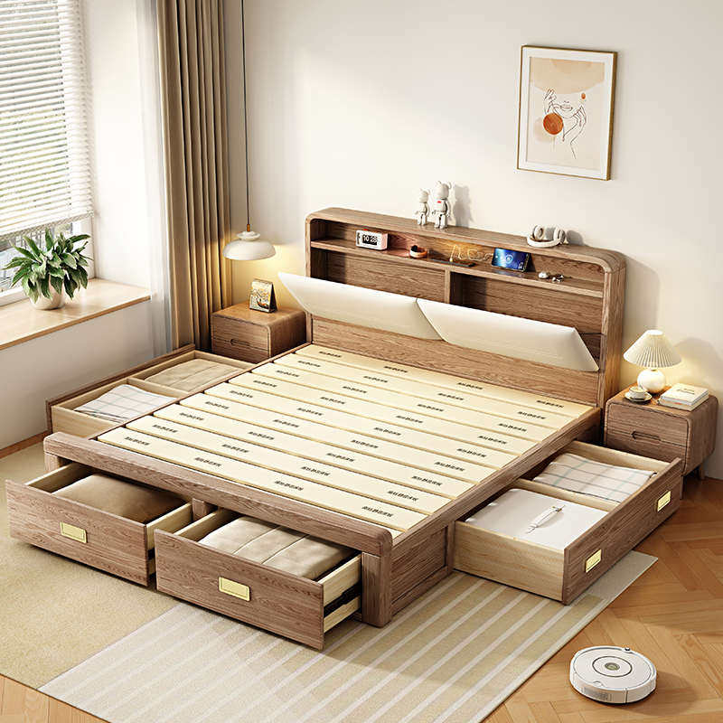 南柯尔北欧白蜡木全实木床主卧1.8m双人床现代简约1米5带夜灯家用