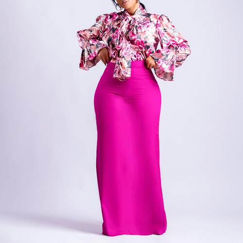 Women's printed tie long sleeved shirt half skirt long